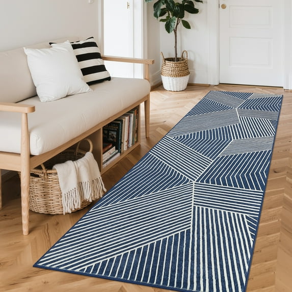 Assaile 2 x 6 ft Polyester Pearl Velvet Blue Rectangular Hallway Bathroom Entryway Kitchen Office Foldable Charming Lines Printed Modern Washable Area Rug