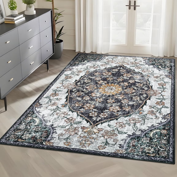 Assaile 5 x 7 ft Polyester Area Rugs, Black Runner Quicksand Printed, Indoor Soft Machine Washable Persian Rugs for Entryway Living Room