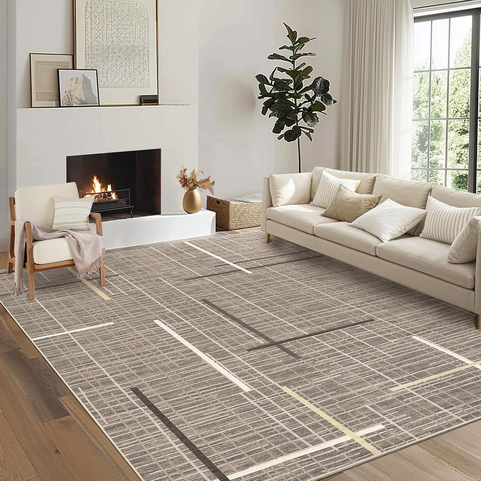 Assaile 5 x 7 ft Polyester Area Rugs, Brown Runner Line Printed, Indoor ...
