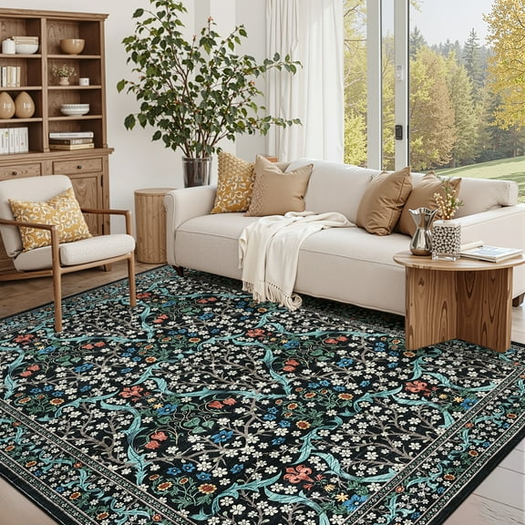 Assaile 5 x 7 ft Polyester Pearl Velvet Black Rectangular Hallway Bathroom Entryway Kitchen Office Foldable Flower Printed Modern Washable Area Rug