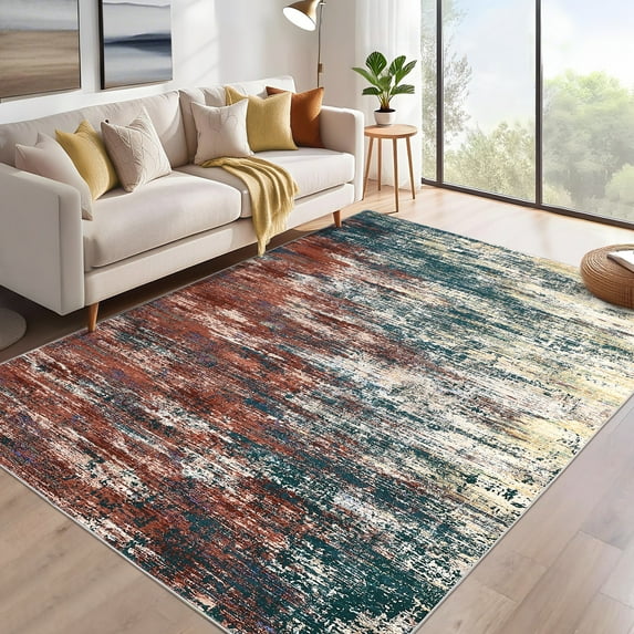 Assaile 5 x 7 ft Polyester Pearl Velvet Red Green Rectangular Hallway Bathroom Entryway Kitchen Office Foldable Abstract Printed Modern Washable Area Rug