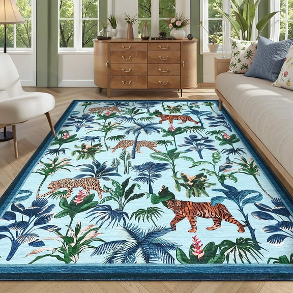Assaile 5 x 7 ft Polyester Wool Spinning Blue Rectangular Hallway Bathroom Entryway Kitchen Office Foldable Pastoral-Jungle Tiger Leopard Printed Modern Washable Area Rug