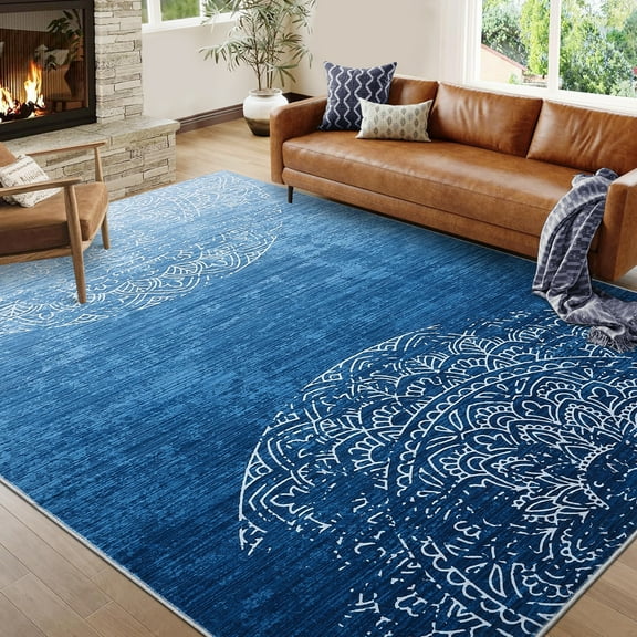 Assaile 8 x 10 ft Polyester Area Rugs, Blue Area Flower Printed, Indoor Aesthetic Machine Washable Modern Rugs for Entryway Living Room