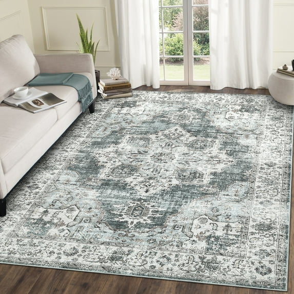 Assaile 8 x 10 ft Polyester Area Rugs, Green Runner Flower Printed, Indoor Soft Washable Modern Rugs for Entryway Living Room