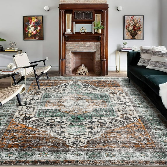 Assaile 8 x 10 ft Polyester Chenille Rusty Brown Rectangular Hallway Bathroom Entryway Kitchen Office Foldable Abstract Story Printed Persian Washable Area Rug