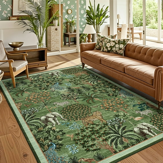 Assaile 8 x 10 ft Polyester Fine Yarn Wool Light Green Rectangular Hallway Bathroom Entryway Kitchen Foldable Pastoral-William Forest Printed Modern Washable Area Rug
