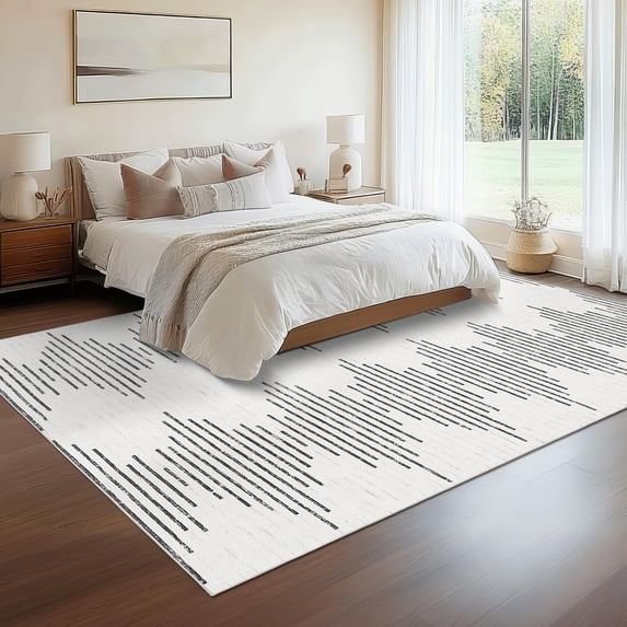 Assaile 8 x 10 ft Polyester Pearl Velvet Beige Black Rectangular Hallway Bathroom Entryway Kitchen Office Foldable Line Double Life Printed Modern Washable Area Rug