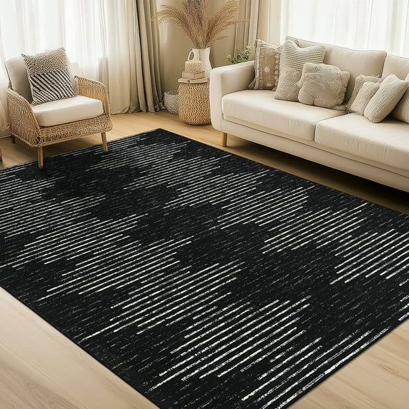 Assaile 8 x 10 ft Polyester Pearl Velvet Black Rectangular Hallway Bathroom Entryway Kitchen Office Foldable Line Double Life Printed Modern Washable Area Rug