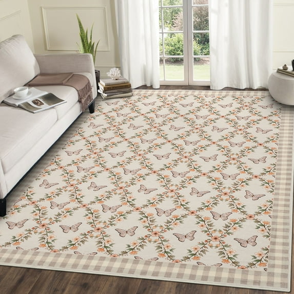 Assaile 8 x 10 ft Polyester Pearl Velvet Camel Rectangular Hallway Bathroom Entryway Kitchen Office Foldable Flowers Butterfly Valley Printed Modern Washable Area Rug