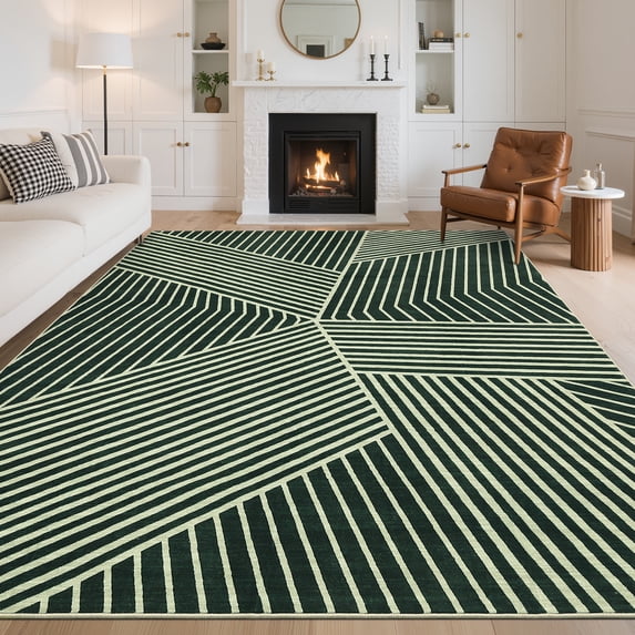 Assaile 8 x 10 ft Polyester Pearl Velvet Green Rectangular Hallway Bathroom Entryway Kitchen Office Foldable Charming Lines Printed Modern Washable Area Rug
