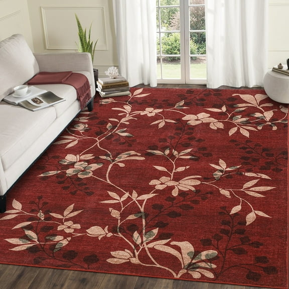 Assaile 8 x 10 ft Polyester Pearl Velvet Red Rectangular Hallway Bathroom Entryway Kitchen Office Foldable Zhaozhan Floral Art Printed Modern Washable Area Rug