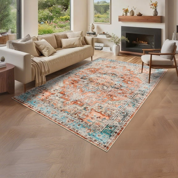 Assaile 8 x 10 ft Polyester Wool Spinning Brick Red Rectangular Hallway Bathroom Entryway Kitchen Foldable Flower Red Love And Green Printed Persian Washable Area Rug