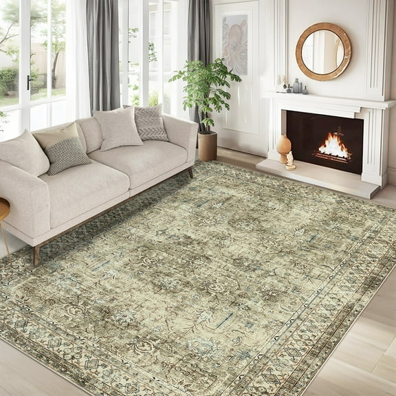Assaile 8 x 10 ft Polyester Wool Spinning Dark Brown Rectangular Hallway Bathroom Entryway Kitchen Office Foldable Flower Printed Persian Washable Area Rug