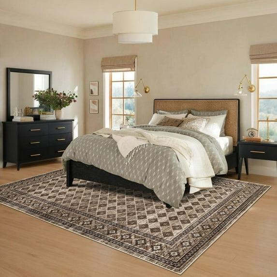 Assaile 8 x 10 ft Polyester Wool Spinning Light Brown Rectangular Hallway Bathroom Entryway Kitchen Office Foldable Border Printed Modern Washable Area Rug