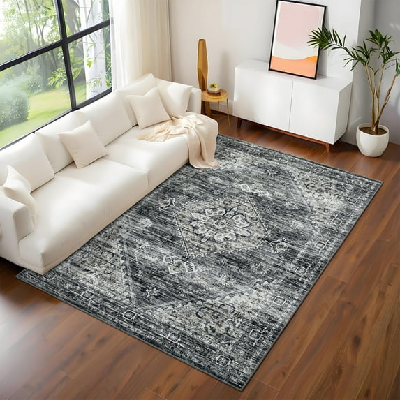 Assaile 9 x 12 ft Polyester Area Rugs, Dark Gray Runner Flower Printed, Indoor Aesthetic Machine Washable Persian Rugs for Entryway Living Room