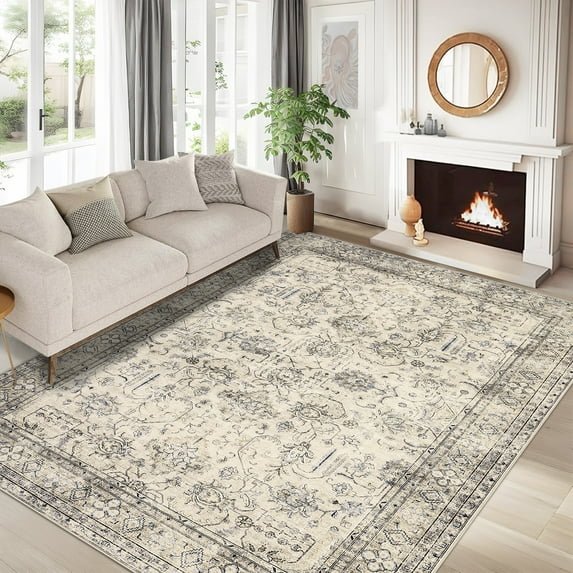 Assaile 9 x 12 ft Polyester Wool Spinning Beige Brown Rectangular Hallway Bathroom Entryway Kitchen Office Foldable Flower Printed Persian Washable Area Rug