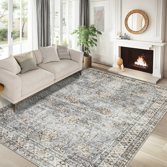 Assaile 9 x 12 ft Polyester Wool Spinning Blue Rectangular Hallway Bathroom Entryway Kitchen Office Foldable Flower Printed Persian Washable Area Rug
