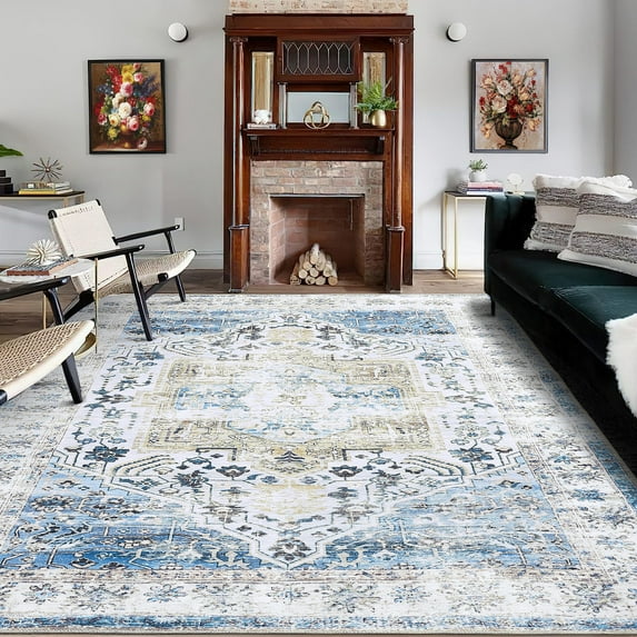 Assaile Blue 8*10ft Persian-style retro print Polyester Rectangle Washable Foldable Grid Printed Area Rug for Hallway Bathroom Entryway