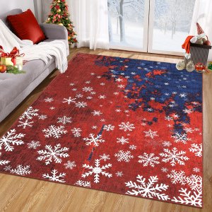 Assaile Christmas Snow World Red/Blue 4*6Ft Area Rug, Washable Foldable Non-Slip Low Pile Rug for Living Room, Bedroom, Study Room & Entryway