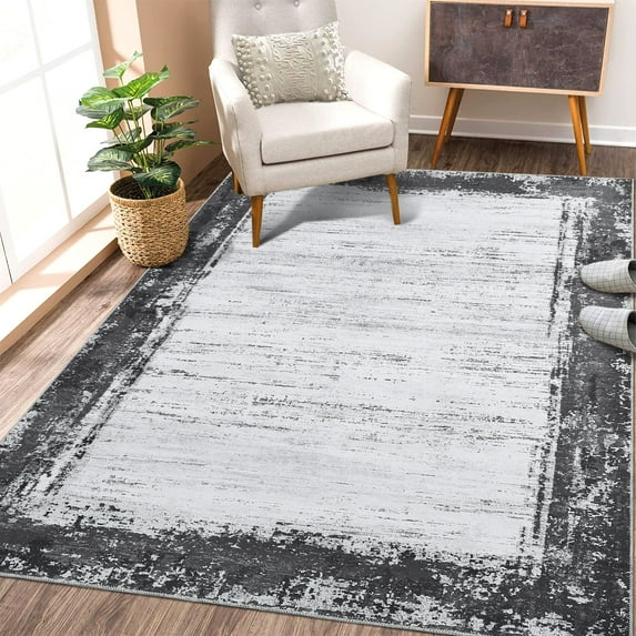 Assaile Gray 6*9ft Area Rug Modern Abstract Border Rectangle Polyester Machine Washable Waterproof for Living Room Bathroom