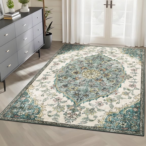 Assaile Green 8*10ft Vintage Pattern Anti-Slip Rug Artistic Design Soft Low-Pile ,Use for Living Room, Bedroom, Study