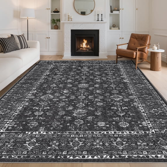 Assaile Luxury Bohemian Black 5'x7' Area Rugs with Exotic Floral Stripes, Soft Low Pile Non Slip Living Room Carpet, Machine Washable