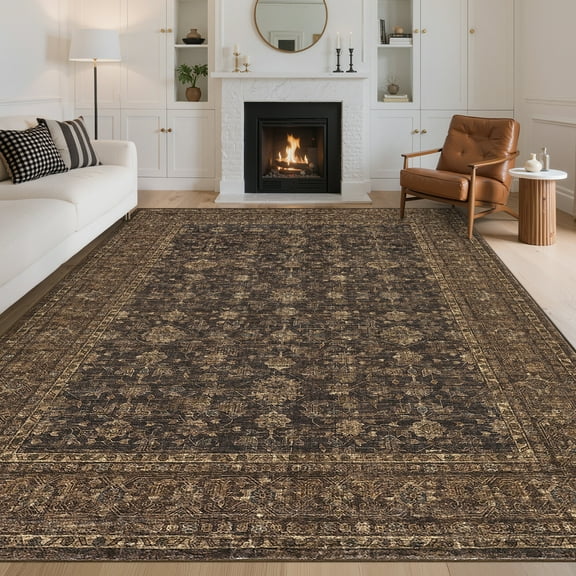 Assaile Luxury Bohemian Brown 8'x10' Area Rugs with Exotic Floral Stripes, Soft Low Pile Non Slip Living Room Carpet, Machine Washable