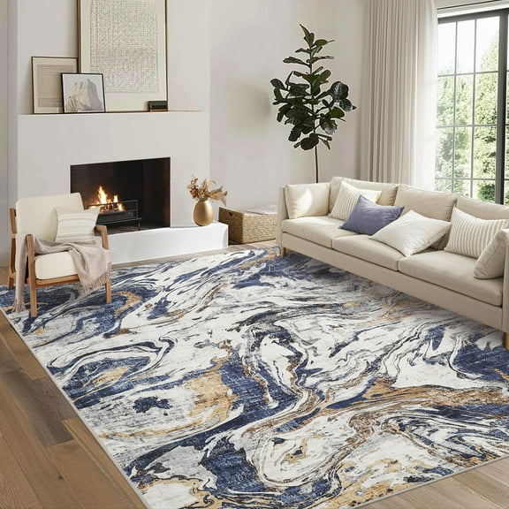 Assaile Modern Abstract Blue 9'*12' Area Rug,Machine Washable & Non-Slip, Soft Low Pile for Easy-Living Rooms