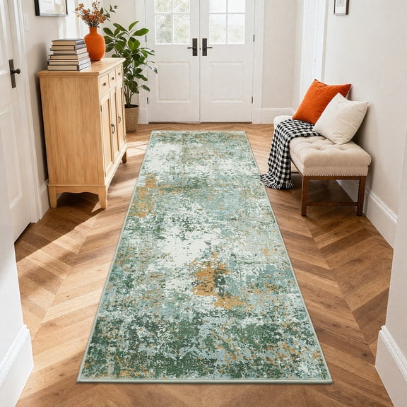 Assaile Modern Abstract Green 2'x6' Area Rugs for Living Room, Large Washable Low-Pile Non-Slip Bedroom Carpet Soft Accent Rug