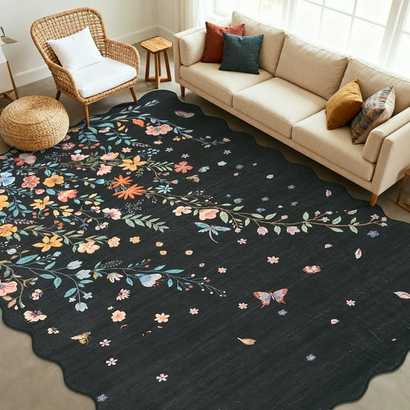 Assaile Traditional Falling Flowers Black 5'x7' Area Rug for Living Room Bedroom， Washable Low-Pile Rug with Non-Slip Backing