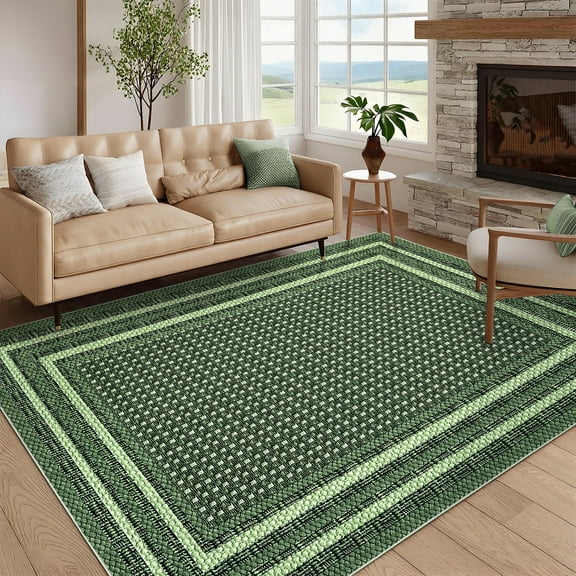 Assaile Traditional Farmhouse Border Braided Pattern Area Rug Non-Slip Washable for Living Room，Bedroom，Entryway