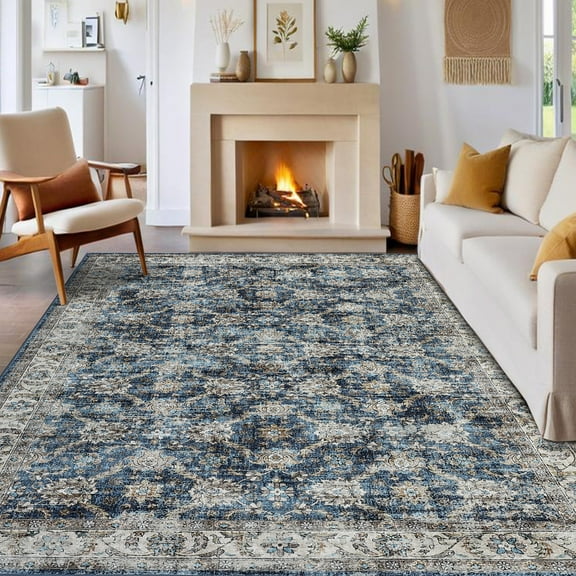 Assaile Traditional Rectangle Blue 5ft*7ft Area Rug Washable Foldable Grid Printed for Hallway Bathroom Entryway