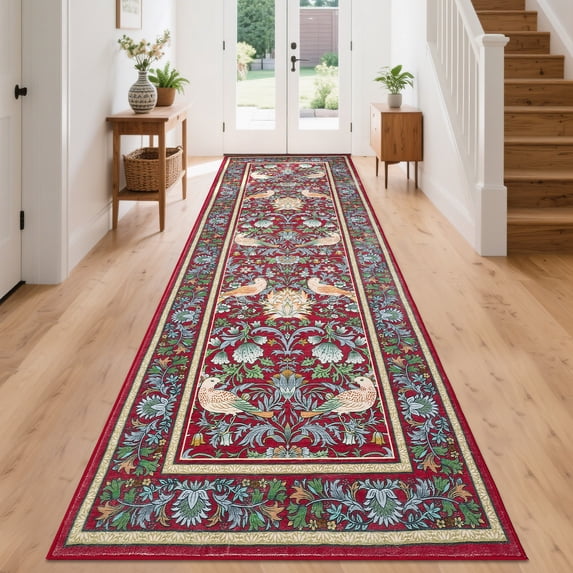 Assaile Traditional Songbirds & Blossoms Red 2'x6' Area Rug for Living Room Bedroom, Washable Low-Pile Rug with Non-Slip Backing