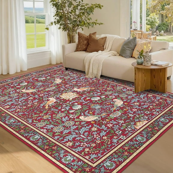 Assaile Traditional Songbirds & Blossoms Red 5'x7' Area Rug for Living Room Bedroom， Washable Low-Pile Rug with Non-Slip Backing