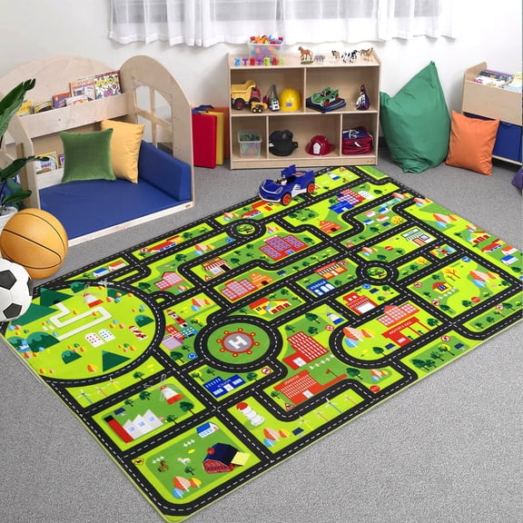 Assaile Traffic Game City Street Map Black 8*10ft Area Rug for livingroom,Bedroom,Kids Playroom,Machine Washable,Non-Slip
