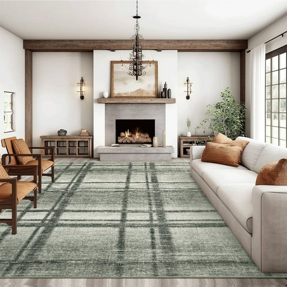 AssaileModern Geometric Stripe Brown Green 8'x10' Area Rugs for Living Room Soft Low Pile Non-Sliping, Machine Washable