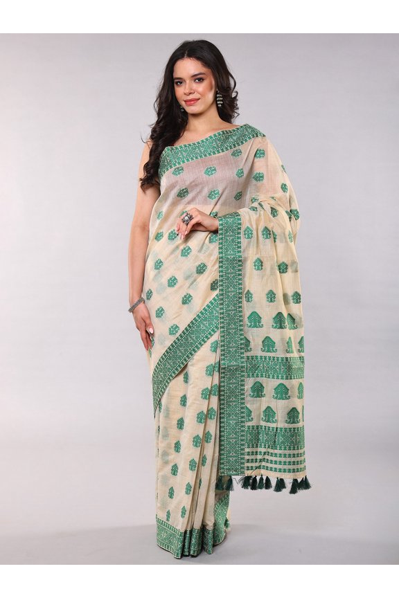 Assamese Saree with Woven Traditional Motifs and Patch Border – Alabaster Gleam