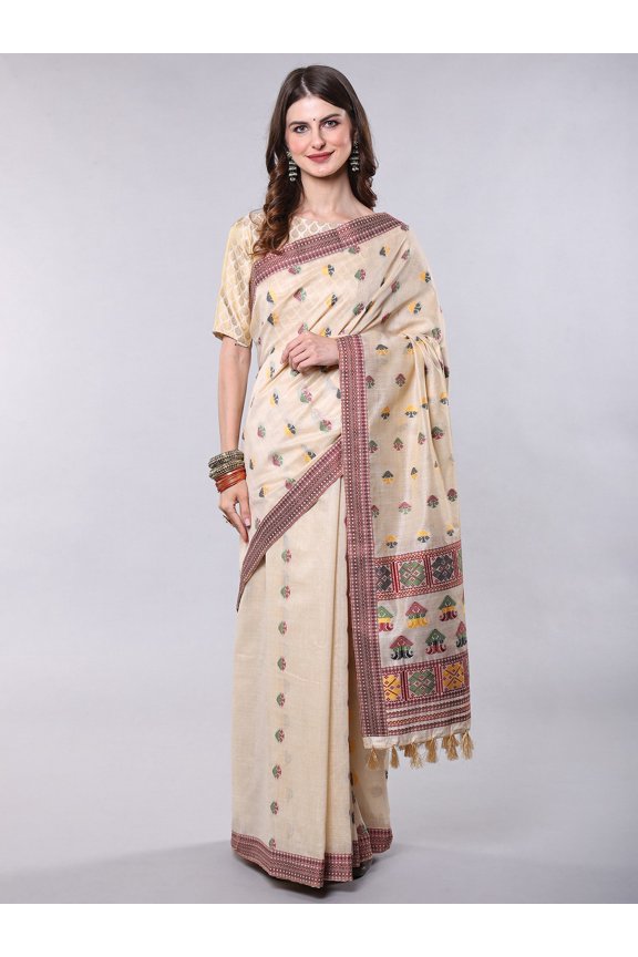 Assamese Saree with Woven Traditional Motifs and Patch Border – Beige
