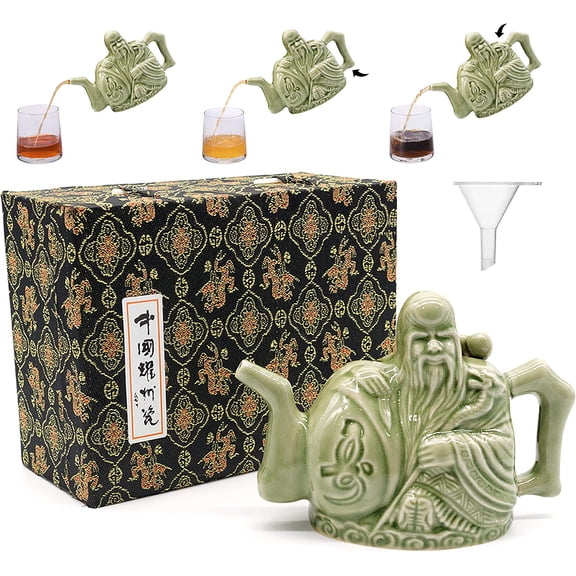 Assassins Teapot, Handmade Chinese Ceramic Tea Kettle, One Pot Three Drinks,Two Chambers Kettle, Drink Dispenser, Magic Trick Kettle with Gift Box,16 oz(Green)