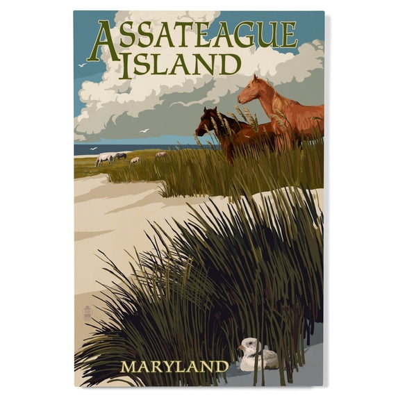 Lantern Press 12x18 Inch Premium Wood Sign, Ready to Hang Wall Decor, Assateague Island, Maryland, Horses and Dunes