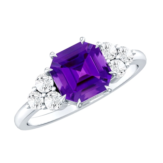 Rosec Jewels Real Amethyst Engagement Ring 3 Carat - 8 mm Asscher Cut - AAA Grade - Amethyst and Diamond Ring for Women, 14K White Gold, US 9.50