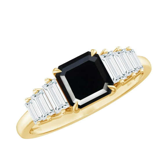 Rosec Jewels Asscher Cut Black Onyx Ring with Moissanite for Women - 6 mm - AAA Grade, 10K Yellow Gold, US 4.00