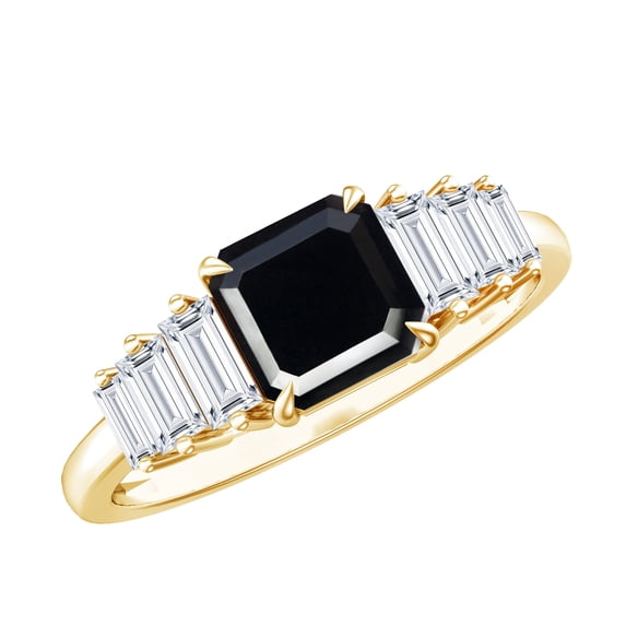 Rosec Jewels Asscher Cut Black Onyx Ring with Moissanite for Women - 6 mm - AAA Grade, 14K Yellow Gold, US 6.50