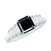 Rosec Jewels Asscher Cut Black Onyx Ring with Moissanite for Women - 6 mm - AAA Grade, 925 Sterling Silver, US 4.00