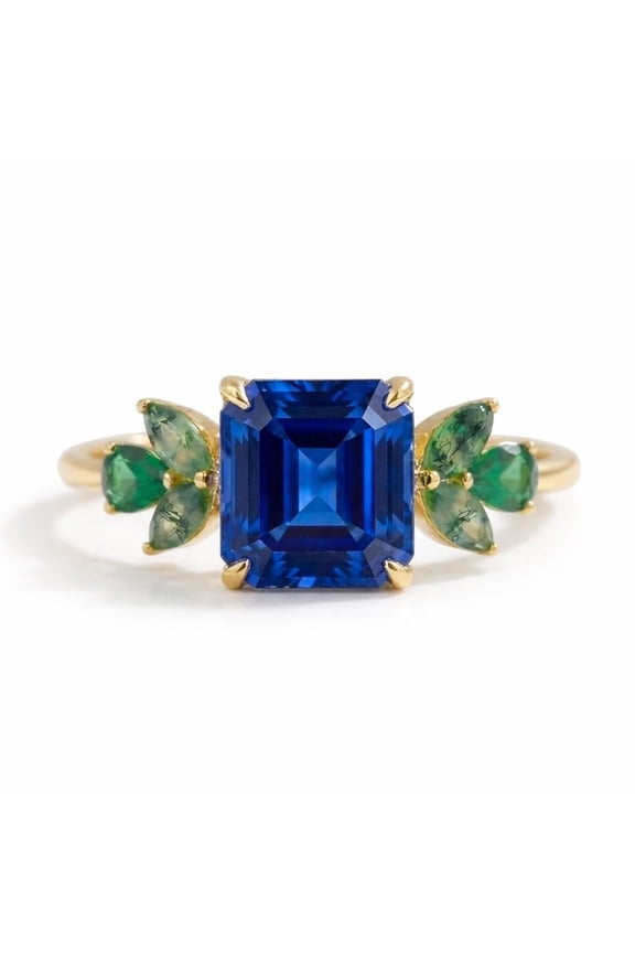 Asscher Cut Blue Sapphire, Marquise Cut Moss Agate Ring, Pear Cut Emerald Floral Design Ring, Minimalist Ring, Sapphire Gemstone Ring, September Birthstone Ring, Handmade Jewelry