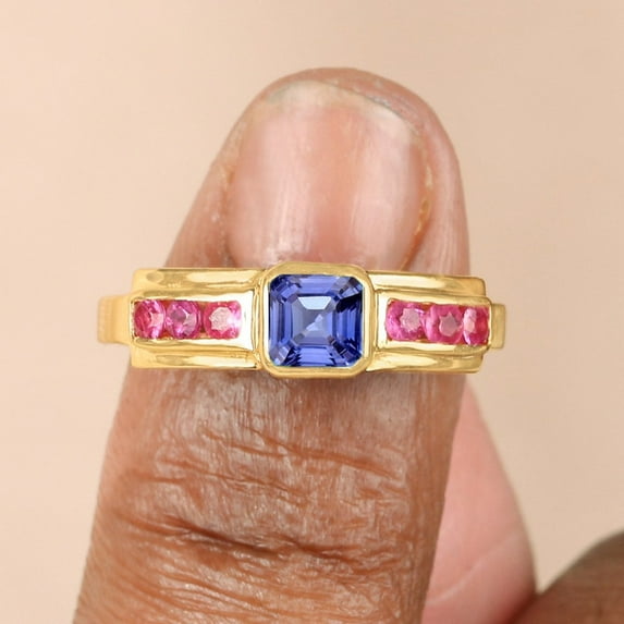 Asscher Cut Blue Sapphire Statement Band Ring, Dainty Ruby Handmade Ring, Bazel Set Stacking Band Ring, 925 Starling Silver Minimalist Fine Jewelry Ring, Gift For Her