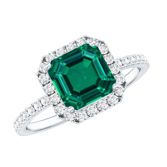 Rosec Jewels Vintage Style Lab Grown Emerald Engagement Ring 6 Ct - Asscher Cut Emerald Ring with Diamond Halo, 14K White Gold, US 6.00