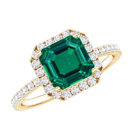 Rosec Jewels Vintage Style Lab Grown Emerald Engagement Ring 6 Ct - Asscher Cut Emerald Ring with Diamond Halo, 18K Yellow Gold, US 13.00