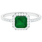 ROSEC JEWELS Asscher Cut Created Emerald Ring with Diamond Halo - 8 mm - AAAA Quality, 925 Sterling Silver, US 4.00