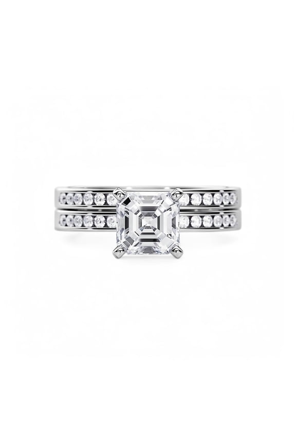 Asscher Cut Diamond Bridal Ring Ring Set, Channel Setting Diamond Ring Set, Half Eternity Diamond Wedding Band With Ring, 925 Sterling Silver, 2.3 Ct Simulated Diamond, Anniversary Ring Set